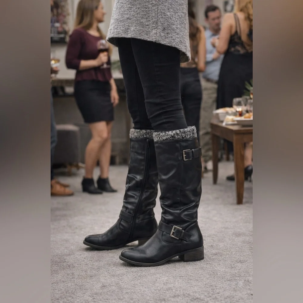 Just Fab Knee High Faux Leather Adjustable Buckle Riding Boots